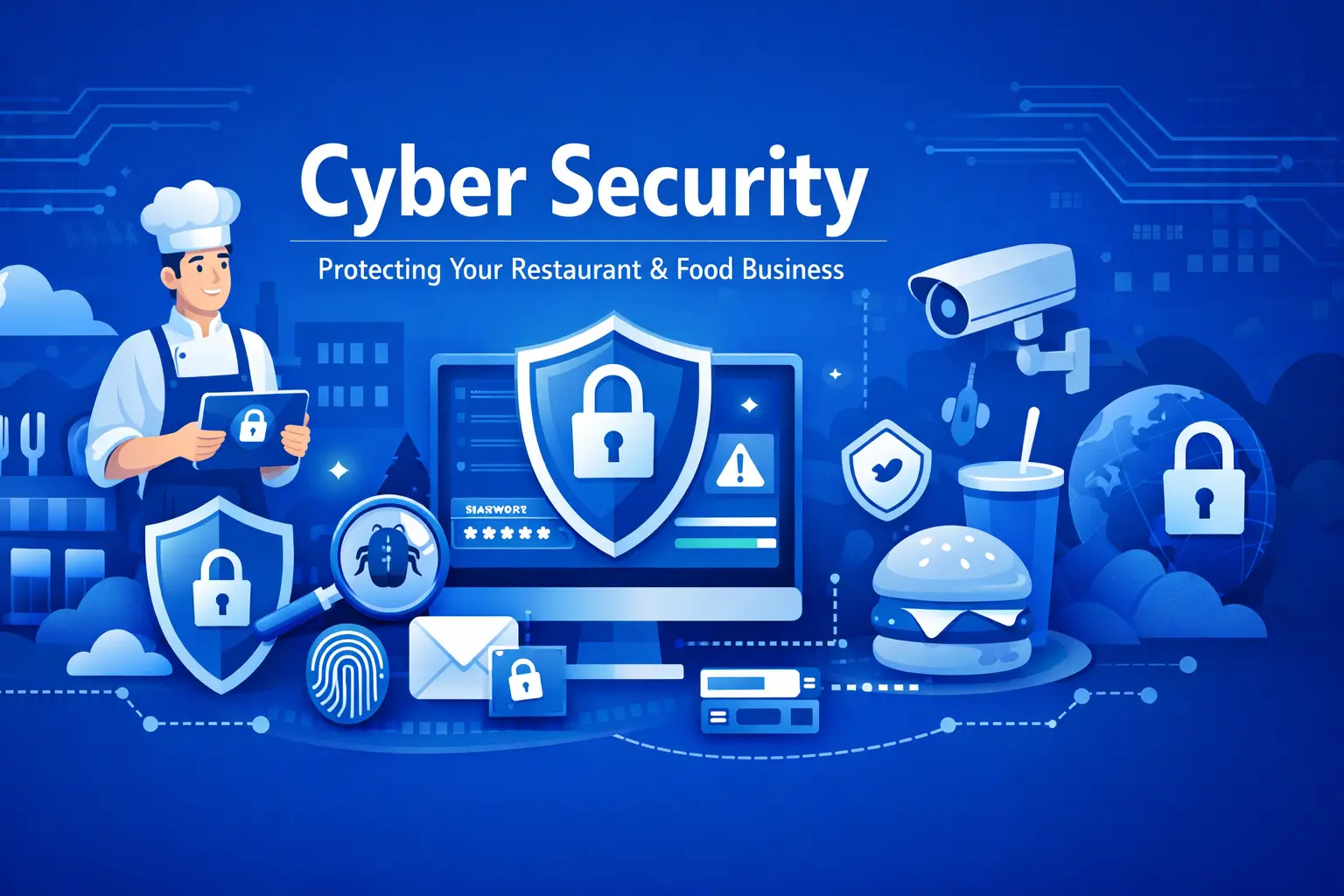 Cyber security service illustration for restaurants and food businesses, showing digital data protection, secure systems, and online safety in a modern blue design