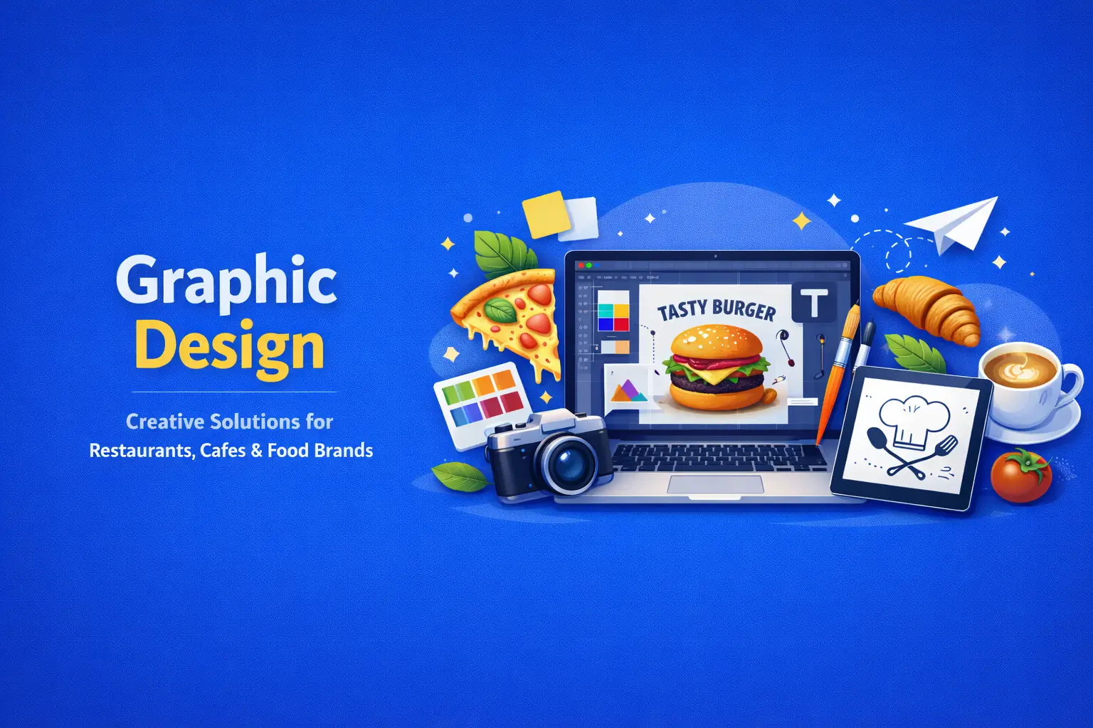 Graphic design services for restaurants, cafes, and food brands featuring a laptop with food branding design, creative tools, and a blue minimalist background